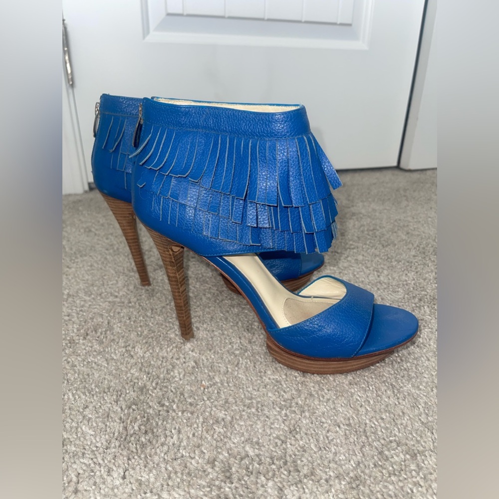 Velvet Angels Blue fringed heel